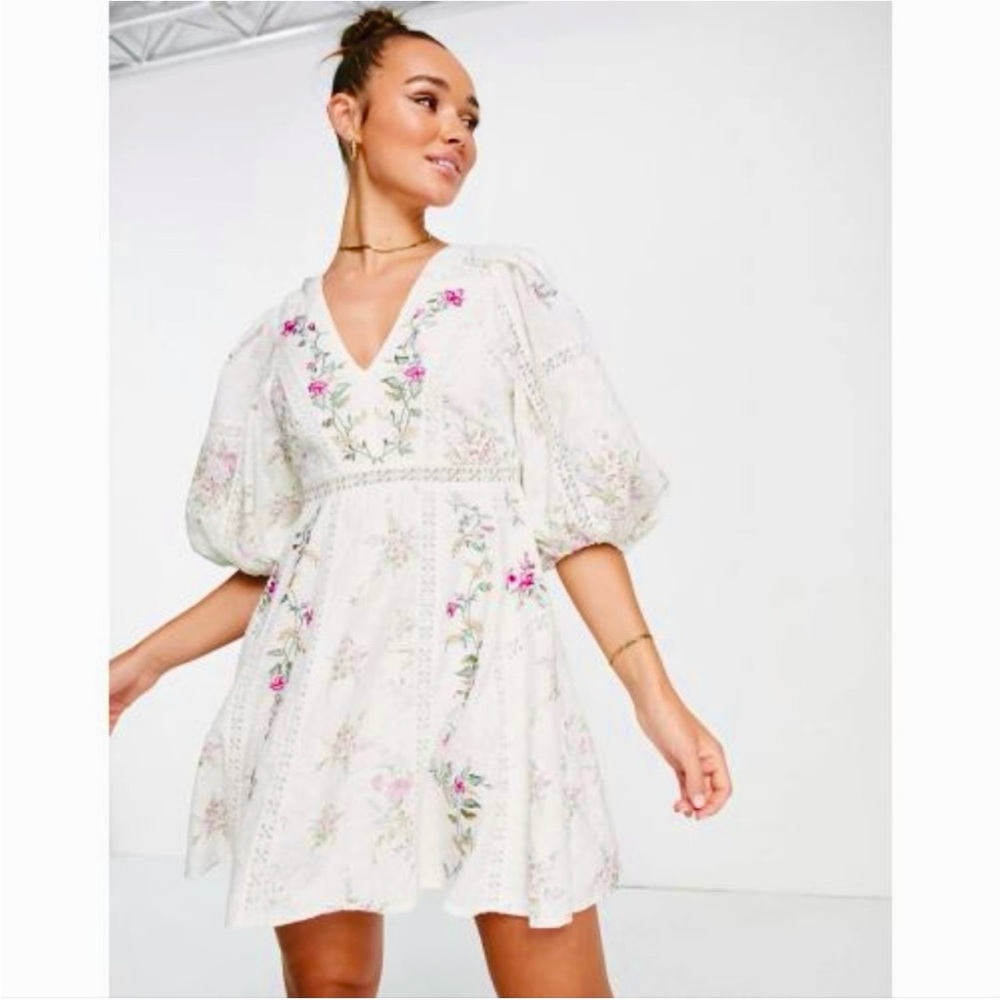 ASOS Edition Floral Embroidered Puff Sleeve Mini Dress - Picture 2 of 16
